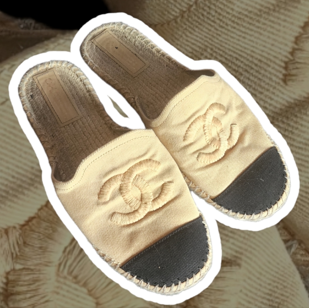 Chanel Espadrilles Denim Beige Tan Black Slides Slip-ons Sz. 41